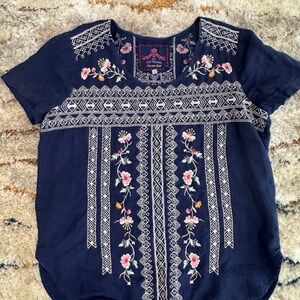 Johnny Was embroidered navy top, ec